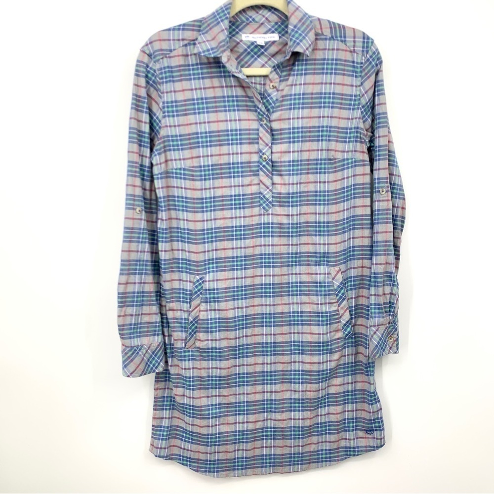 Southern‎ Tide Women XS Shirt Dress Long Sleeve Popover 1/2 Button Blue Plaid